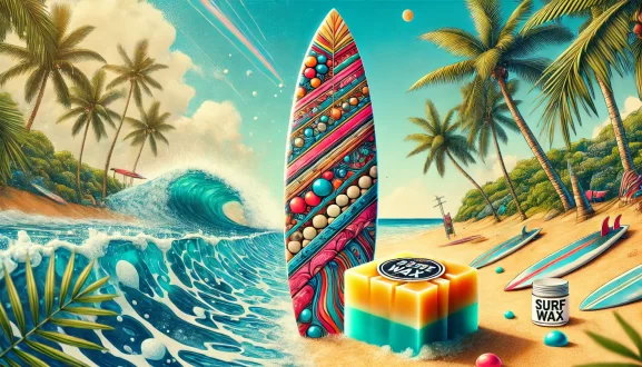 Surfista aplicando parafina para prancha de surf em praia tropical com prancha colorida