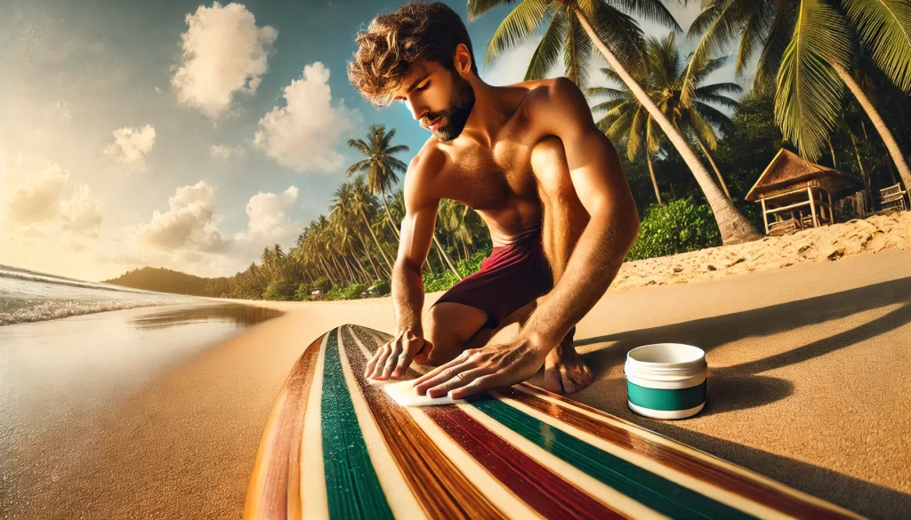 Surfista aplicando parafina para prancha de surf em praia tropical com prancha colorida
